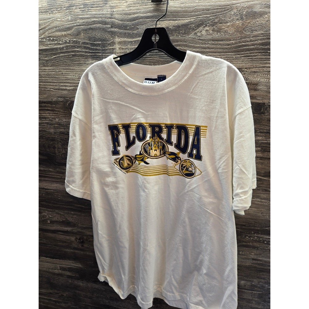 Vintage B.U.M. Equipment Florida Graphic T-Shirt Mens Large White 90s Cotton Tee
